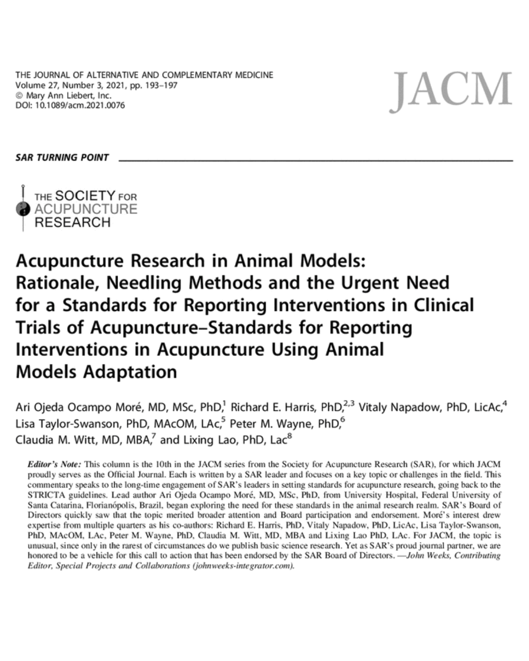 Acupuncture Research in Animal Models