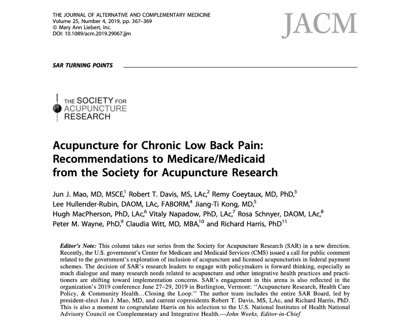Acupuncture for Chronic Low Back Pain: Recommendations to Medicare/Medicaid from the Society for Acupuncture Research