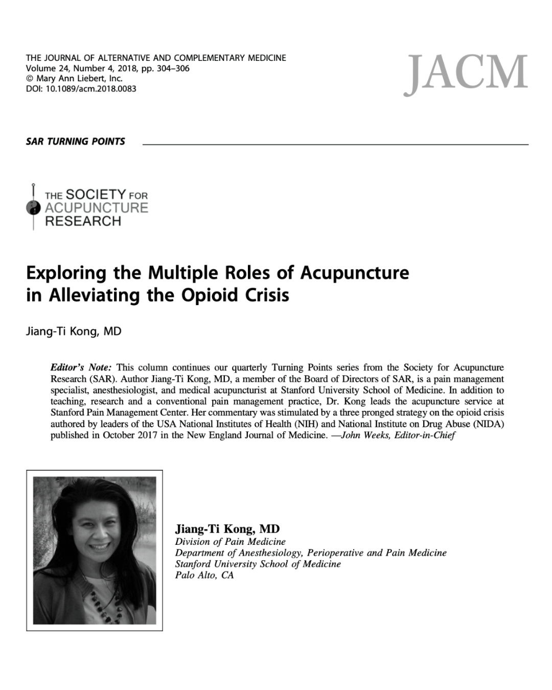 Exploring the Multiple Roles of Acupuncture in Alleviating the Opioid Crisis