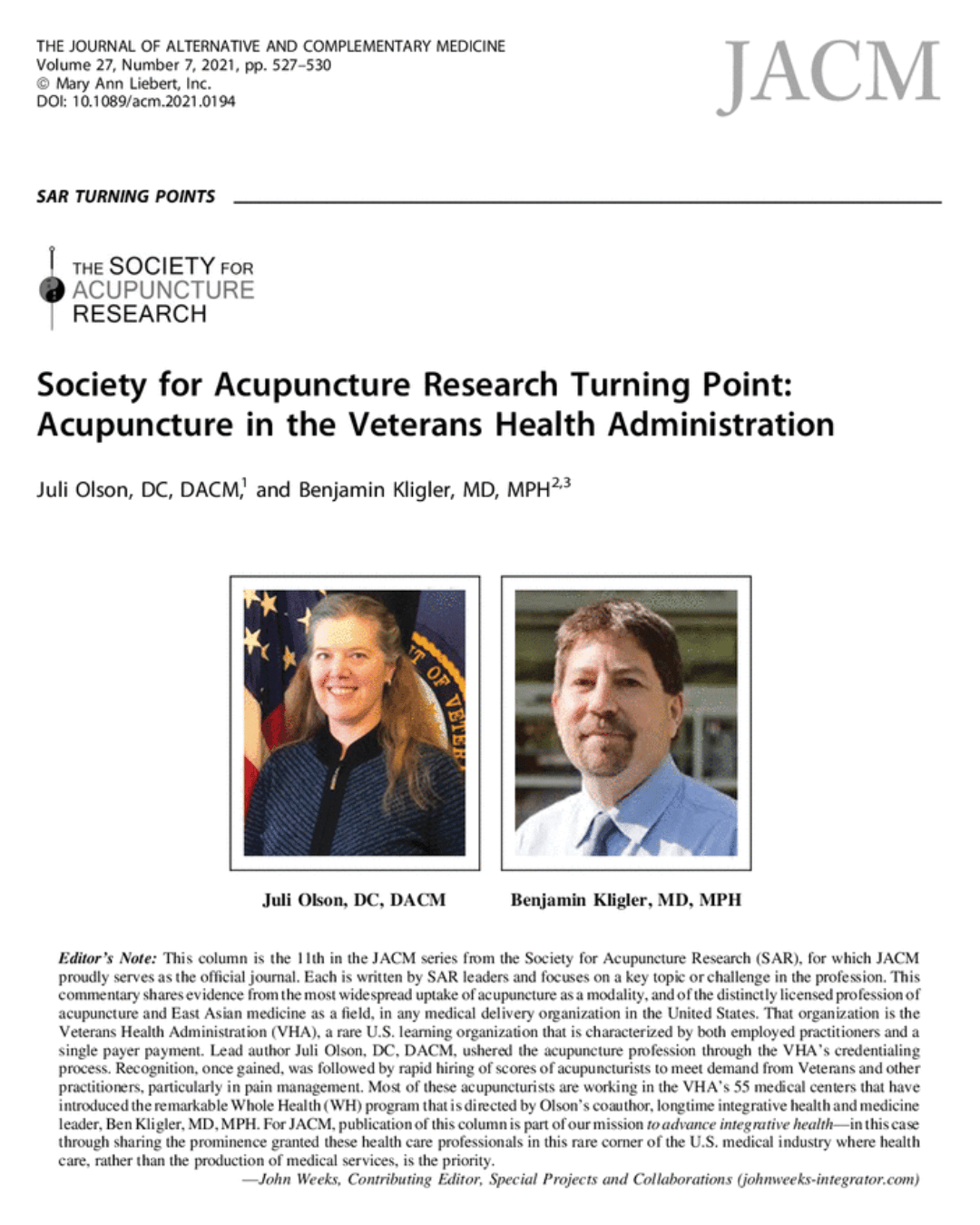 SAR Turning Point: Acupuncture in the Veterans Health Administration